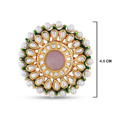 Pink Centred Pearled Kundan Ring with measurements in cm. 4.5cm.