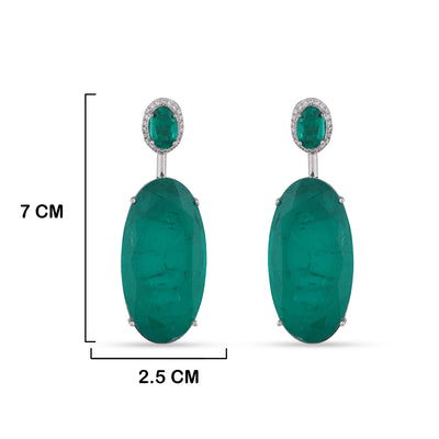 Green Stone CZ Earrings with measurements in cm. 7cm by 2.5cm.