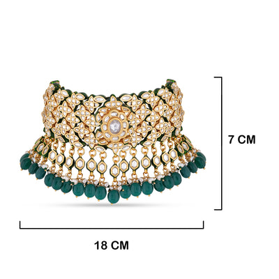 Green Drop Kundan Studded Choker with measurements in cm. 18cm by 7cm.