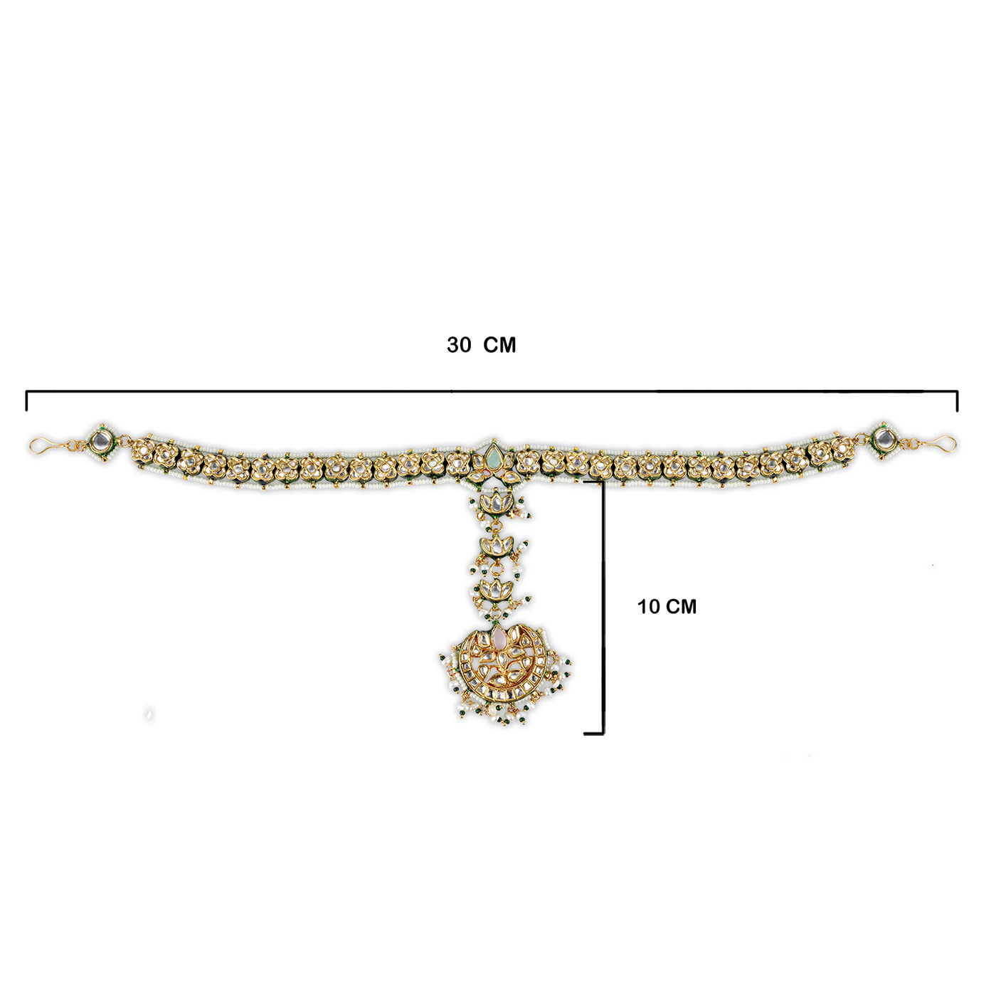 White Bead Kundan Maathapatti with measurements in cm. 30cm in length and 10cm in height.