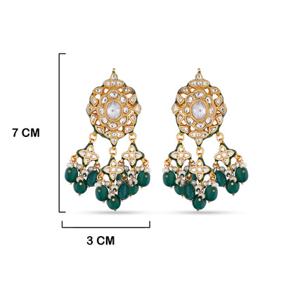 Green Drop Kundan Studded Earrings with measurements in cm. 7cm by 3cm.