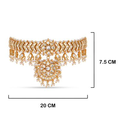  White Bead Kundan Choker with measurements in cm. 20cm by 7.5cm.