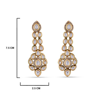 Classic Kundan Dangle Earrings with measurements in cm. 7.5cm by 2.5cm.