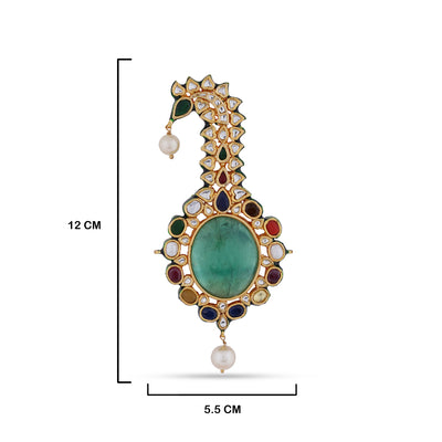 Green Centred Kundan Kalgi with measurements in cm. 12cm by 5.5cm.