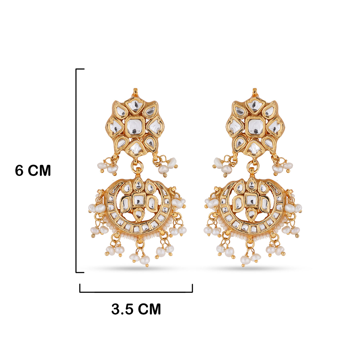  White Bead Kundan Earrings with measurements in cm. 6cm by 3.5cm.