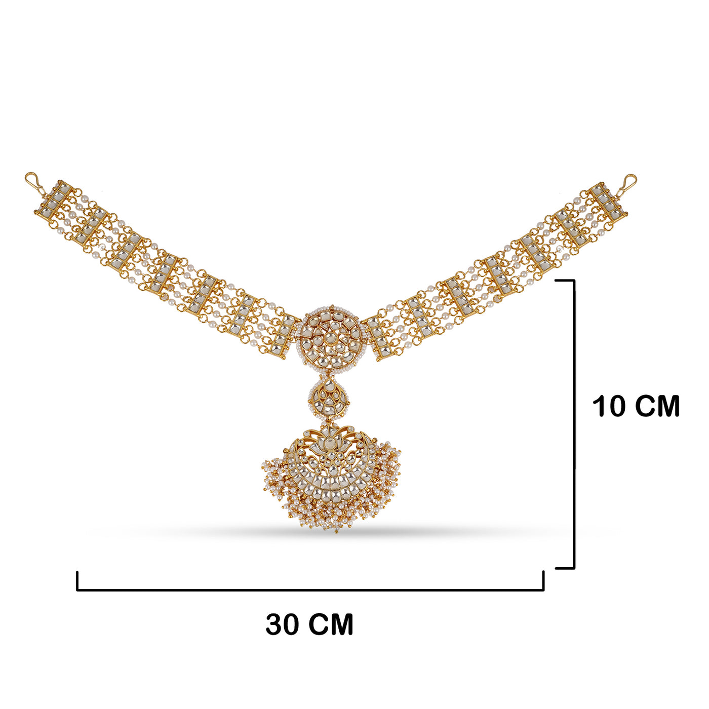 Seed Pearl Kundan Mathapatti with measurements in cm. 30cm by 10cm.