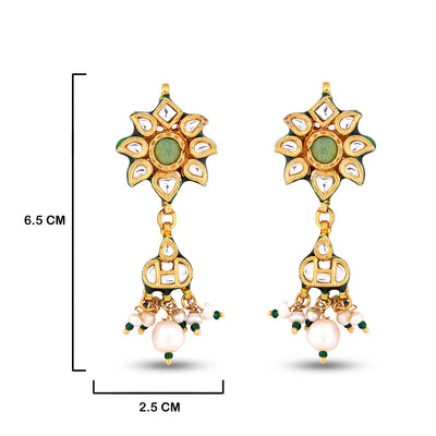 Green Centred Pearl earrings with measurements in cm. 6.5cm by 2.5cm.