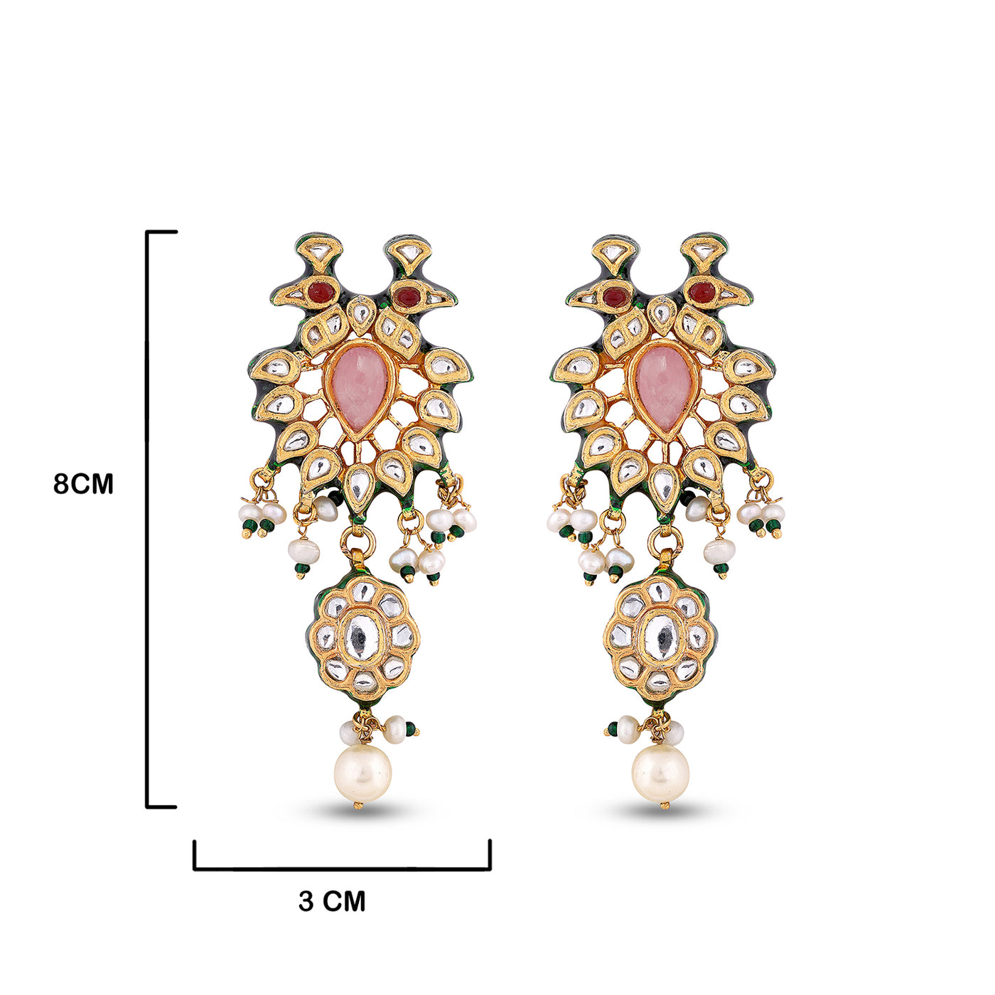 Pink Stone Pearl Earrings with measurements in cm. 8cm by 3cm.