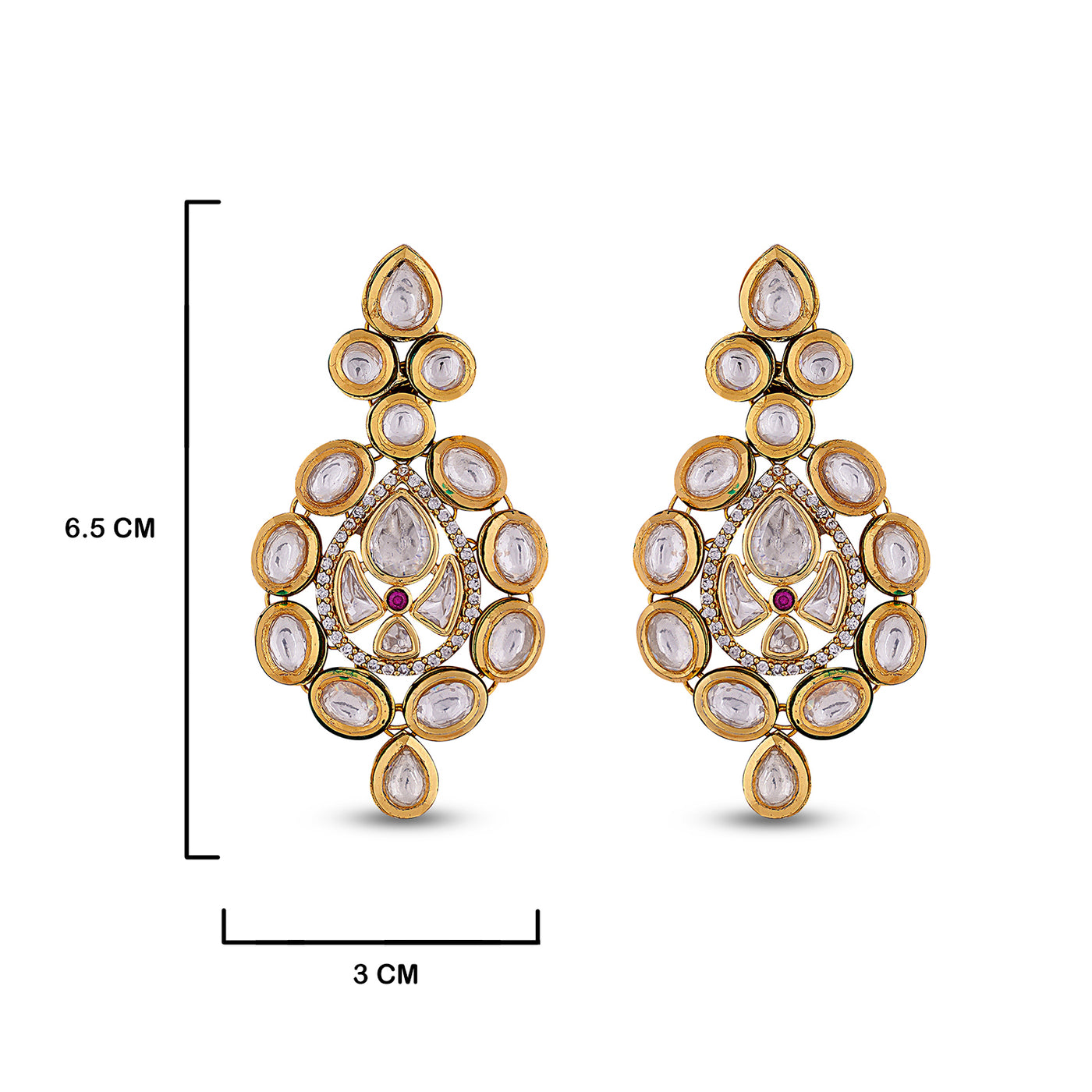 Multi-Layered Kundan Earrings with measurements in cm. 6.5cm by 3cm.
