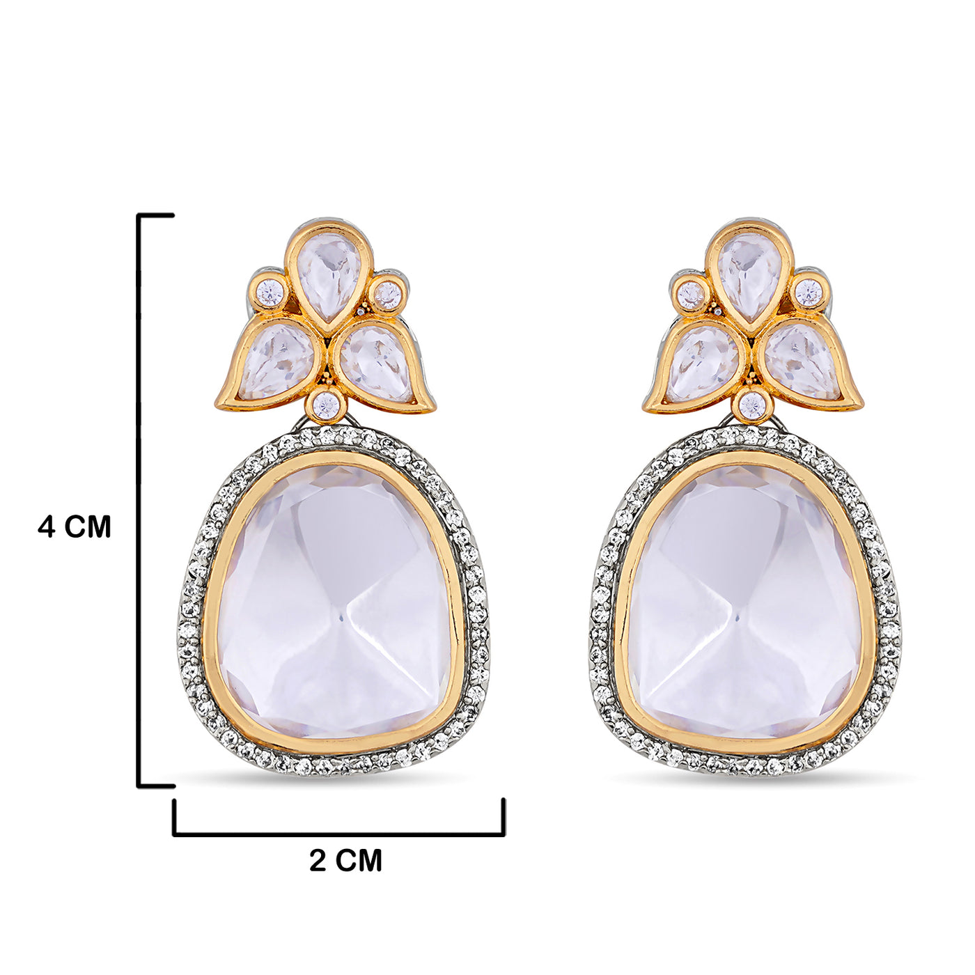 CZ Outlined Polki Earrings with measurements in cm. 4cm by 2cm.