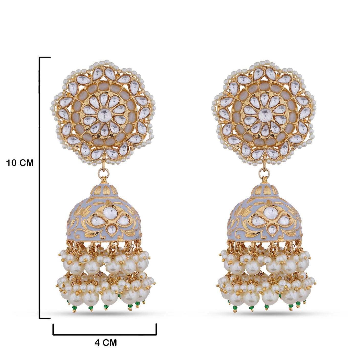 Pearled Jhumki Kundan Earrings with measurements in cm. 10cm by 4cm.