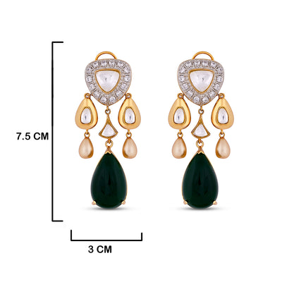 Green and Gold Bead Kundan Earrings with measurements in cm. 7.5cm by 3cm.
