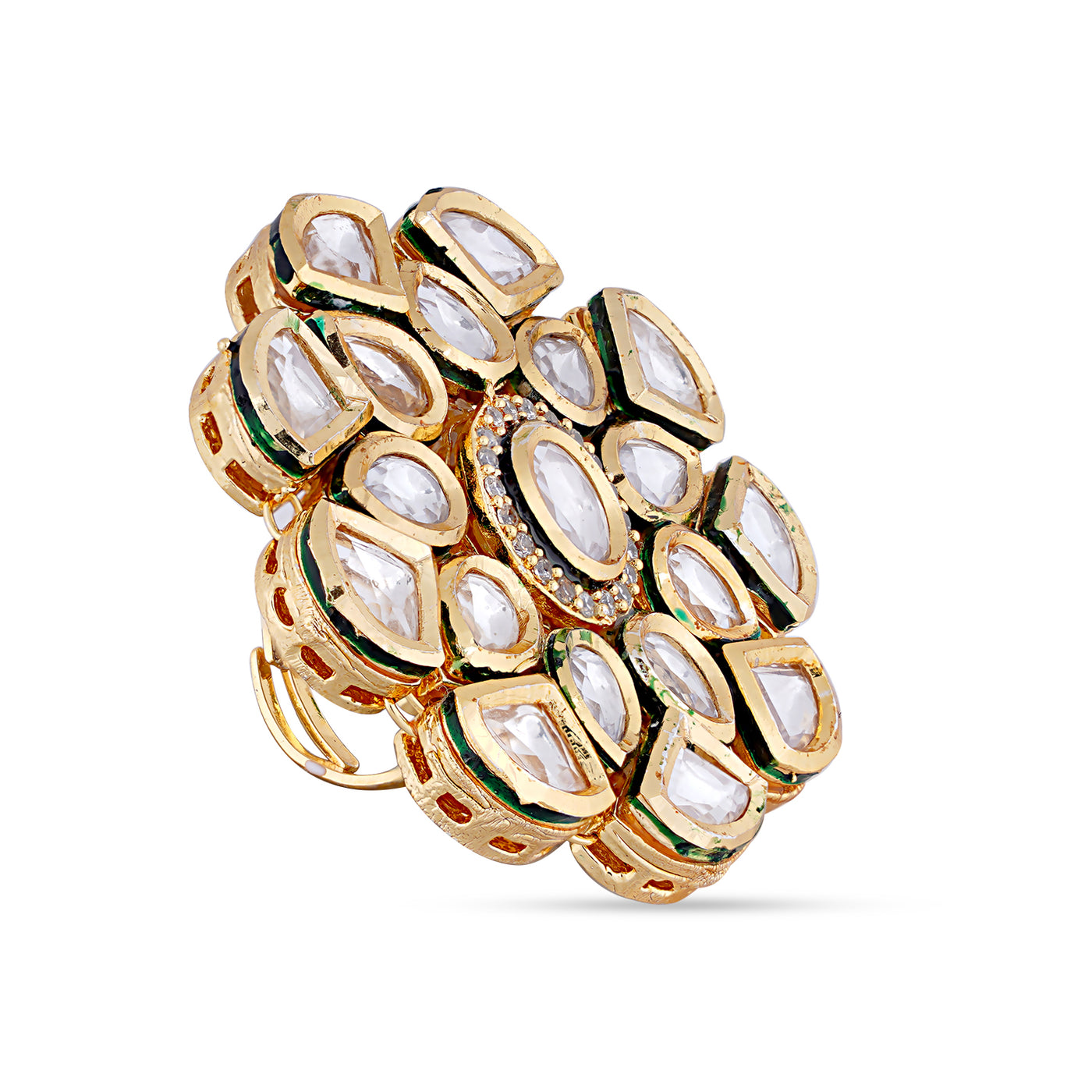 Red and Green Flower Kundan Ring