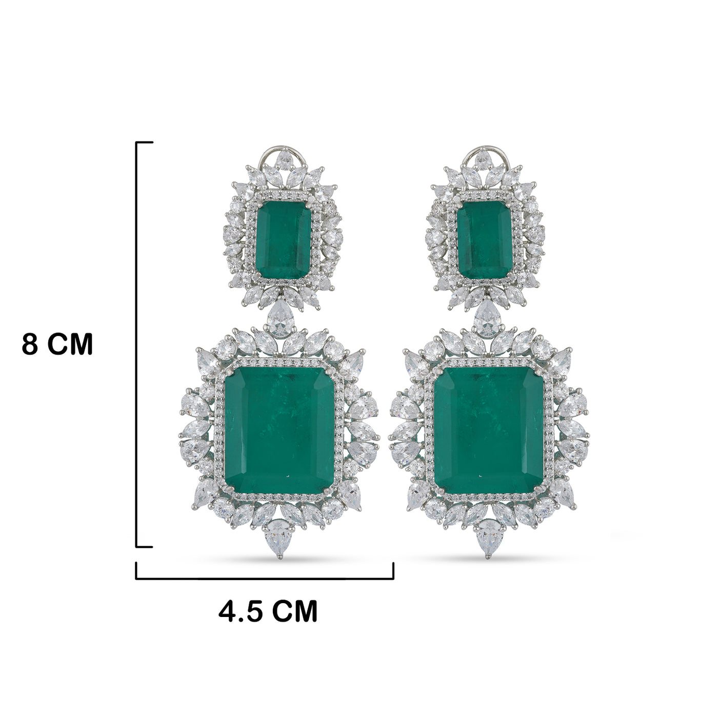 Green Gemstone CZ Earrings with measurements in cm. 8cm by 4.5cm.
