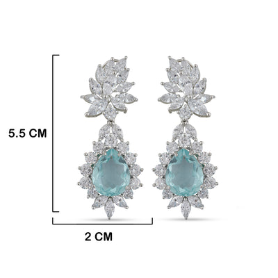 Aqua Blue Stoned CZ Earrings with measurements in cm. 5.5cm by 2cm.