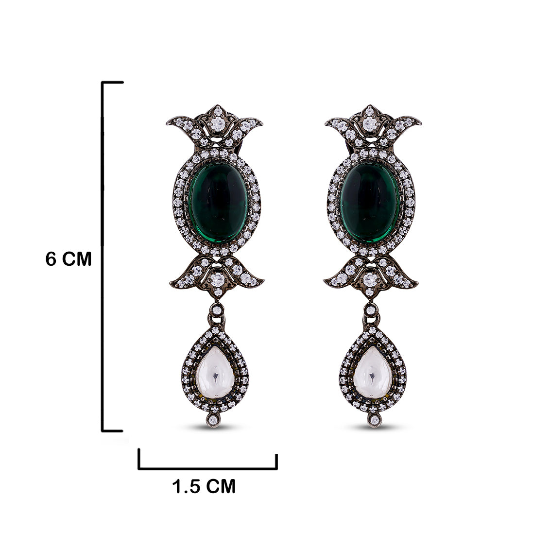 Green and White Stone CZ Earrings with measurements in cm. 6cm by 1.5cm.
