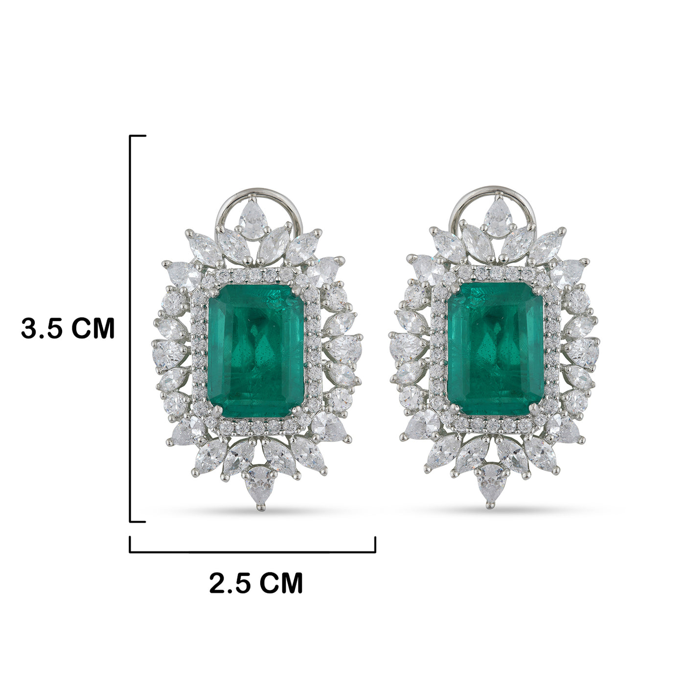 Green Stoned CZ Stud Earrings with measurements in cm. 3.5cm by 2.5cm.