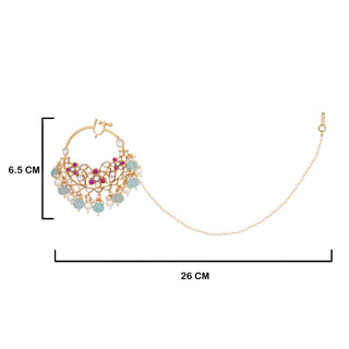 Red, White and Blue Kundan Nose Ring with measurements in cm. 6.5cm by 26cm.