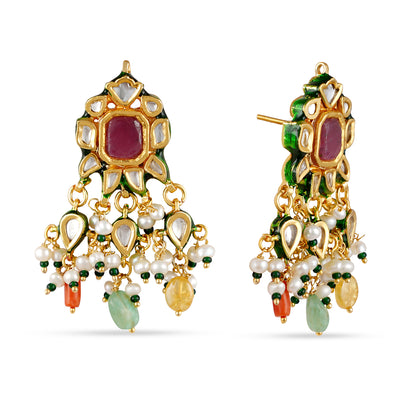 Coloured Drop Kundan Earrings. Front View and Side View.