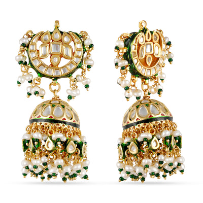 Kundan Beaded and Pearled Earrings. Front and Side View.