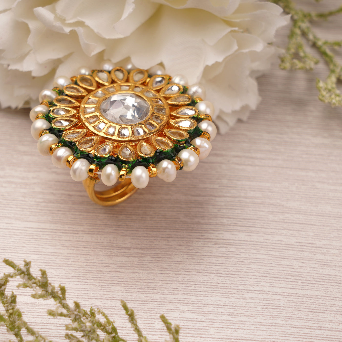Freya - Green and Pearl Flower Kundan Ring
